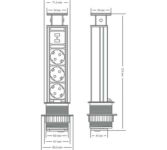 Выдвижная встраиваемая розетка Mebax 105S (J) 3 секции Чёрный Механический d=60мм 2 USB 00-00003151