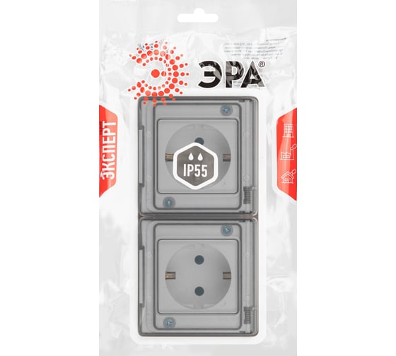 Розетка ЭРА Эксперт 11252301 2x2PE горизонтальная IP55, 16A, 250В, СУ, белый Б0063276