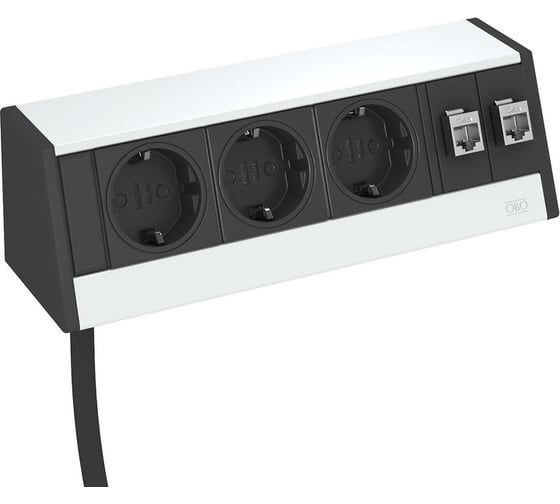 Настольный бокс OBO Bettermann DB укомплектованный (3 розетки Schuko 2К+З черного цвета,2 розетки RJ45 категория 6 экранированные,с сетевым кабелем 3м) 6116945 1