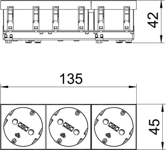 Розетка тройная OBO Bettermann 3x2К+3 под углом 33 шторки 16А 250В (45x135 мм - 3 модуля Modul45) белая 6120123