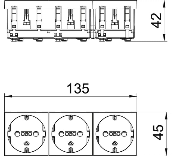 Розетка силовая 0 тройная OBO Bettermann 3x2К+З, 3 модуля Modul45, 45x135 мм, со шторками, 16А 250В цвет алюминиевый лак 6120052
