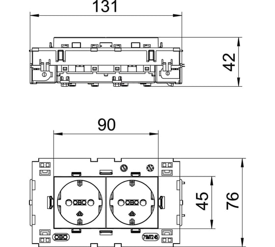 Розетка силовая 0 двойная OBO Bettermann 2x2К+З Modul45connect, со шторками, 16А 250В белая 6120432