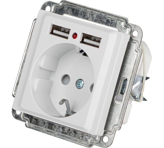Розетка Intro Accent 641001 PE Schuko со шторками, 16А, 250В, 2хUSB, IP20, СУ, белый Б0063689