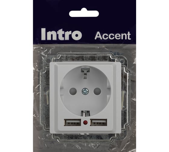 Розетка Intro Accent 641001 PE Schuko со шторками, 16А, 250В, 2хUSB, IP20, СУ, белый Б0063689