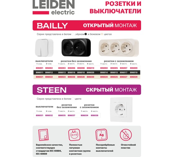 Выключатель 1 клавишный LEIDEN ELECTRIC (открытый, 10А) белый, Bailly, 806001