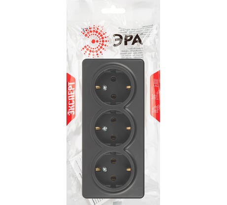 Розетка ЭРА Эксперт 11220805 тройная с заземлением 3x2PE Schuko, IP20, 16A250В, открытой установки, антрацит Б0063007