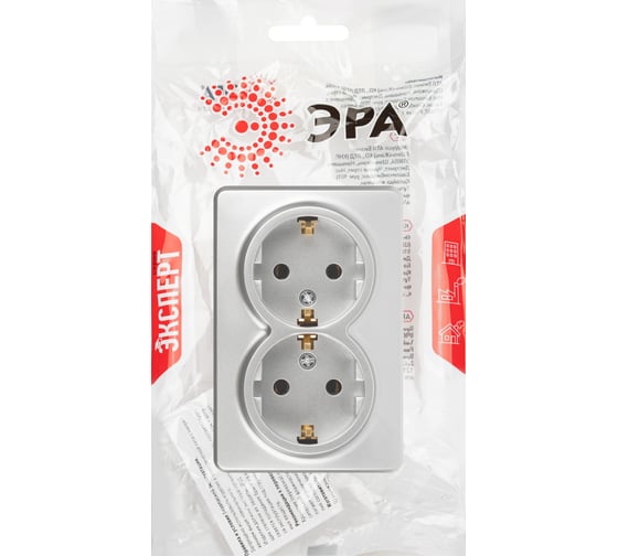 Розетка ЭРА Эксперт 11220503 двойная с заземлением 2x2PE Schuko IP20 16A250В открытой установки алюминий Б0063046 1