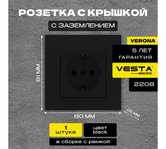 Розетка Vesta Electric Verona Black одинарная с заземлением с крышкой FRZ00020204CMT