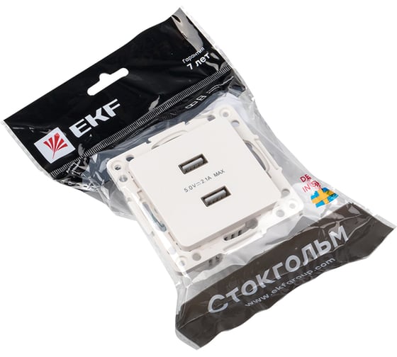Механизм 2-местной USB розетки EKF PROxima Стокгольм, 2,1А, белый EYR16-028-10-2USB