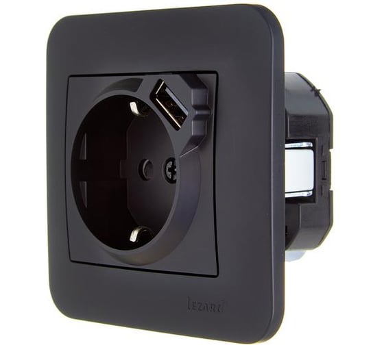 Розетка Lezard ASTI с заземлением + USB разъём чёрный бархат 7081-4242-181