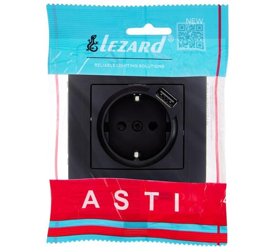 Розетка Lezard ASTI с заземлением + USB разъём чёрный бархат 7081-4242-181