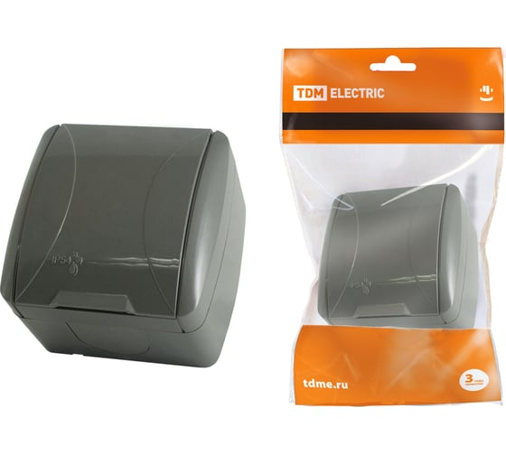Розетка TDM ELECTRIC 2П+3 открытой установки IP54 16А с крышкой серая "Селигер" SQ1818-0113 1
