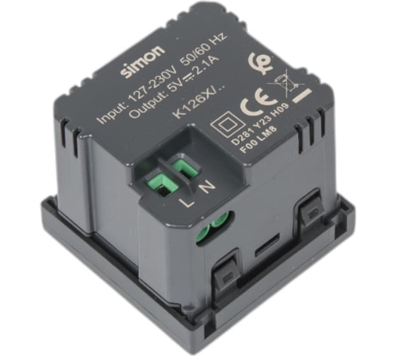 Зарядное устройство Simon, 2хUSB, К45, 5 В, 2,1 А, графит K126E-14