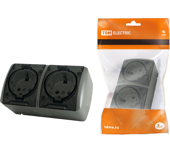 Двойная розетка TDM ELECTRIC 2П+3 открытой установки IP54 16А с прозрачной крышкой серая "Селигер" SQ1818-0109 1