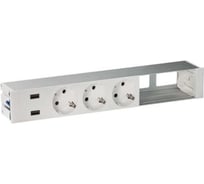 Врезной розеточный блок с крышкой и металлическим вводом Simon 3x2PE, 2xUSB зарядных устройства, 2 свободных модуля, алюминий, S400 45623000-133