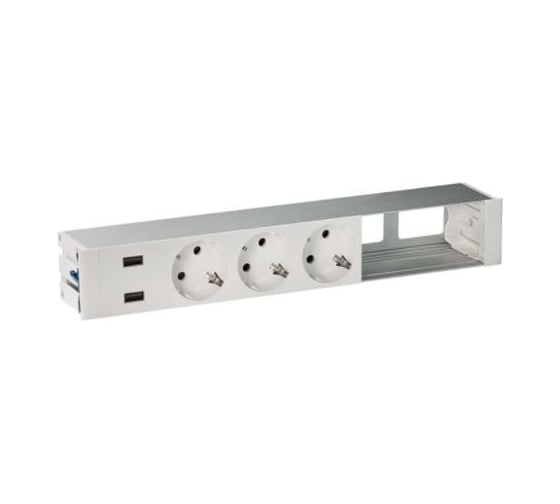 Врезной розеточный блок с крышкой и металлическим вводом Simon 3x2PE, 2xUSB зарядных устройства, 2 свободных модуля, алюминий, S400 45623000-133