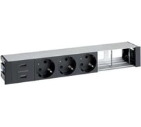 Врезной розеточный блок с крышкой и металлическим вводом Simon 3x2PE, 2xUSB зарядных устройства, 2 свободных модуля, черный, S400 45623000-138