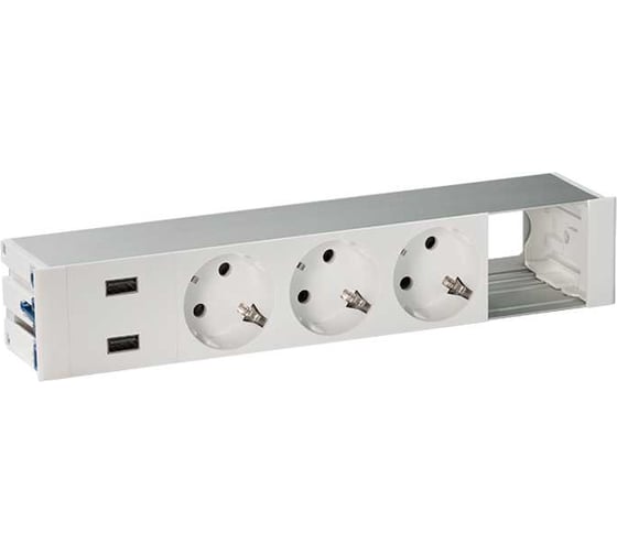 Врезной розеточный блок с крышкой Simon, ввод щетка, 3x2PE, 2xUSB зарядных устройства, 1 свободный модуль, алюминий, S400 44523000-133