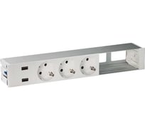 Врезной розеточный блок с крышкой Simon, ввод щетка, 3x2PE, 2xUSB зарядных устройства, 2 свободных модуля, алюминий, S400 44623000-133