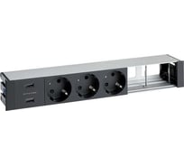 Врезной розеточный блок с крышкой Simon, ввод щетка, 3x2PE, 2xUSB зарядных устройства, 2 свободных модуля, черный, S400 44623000-138
