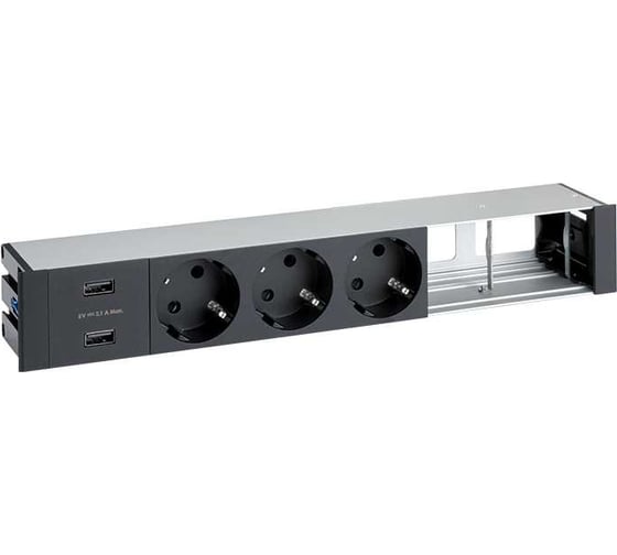 Врезной розеточный блок с крышкой Simon, ввод щетка, 3x2PE, 2xUSB зарядных устройства, 2 свободных модуля, черный, S400 44623000-138 1