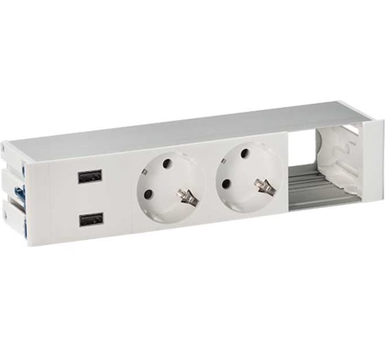 Врезной розеточный блок с крышкой и металлическим вводом Simon 2x2PE, 2xUSB зарядных устройства,1 свободный модуль, алюминий, S400 45422000-133 1