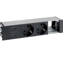 Врезной розеточный блок с крышкой и металлическим вводом Simon 2x2PE, 2xUSB зарядных устройства,1 свободный модуль, черный, S400 45422000-138