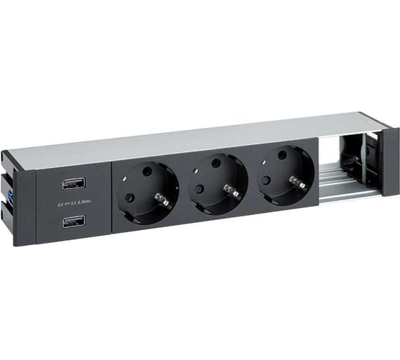 Врезной розеточный блок с крышкой и металлическим вводом Simon 3x2PE, 2xUSB зарядных устройства,1 свободный модуль, черный, S400 45523000-138