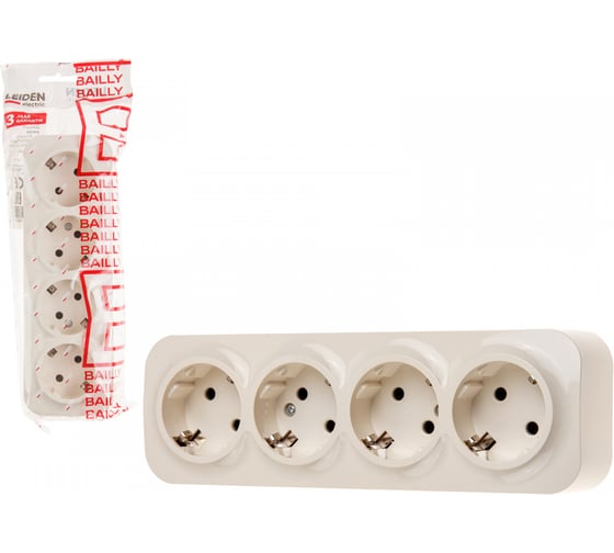 Розетка LEIDEN ELECTRIC 4-ая (открытая, с/з) бежевая, Bailly, 806029 1