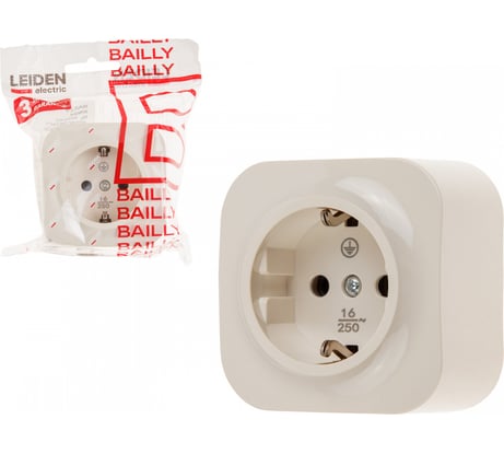 Розетка LEIDEN ELECTRIC 1-ая (открытая, с/з) бежевая, Bailly, 806024