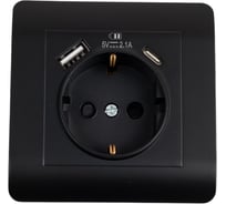 Розетка CHINT NEW3-E 16А с заземлением защитные шторки с 2-мя зарядными устройствами USB A+C 5В/2.1А черный 431502