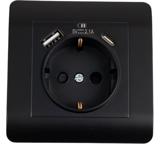 Розетка CHINT NEW3-E 16А с заземлением защитные шторки с 2-мя зарядными устройствами USB A+C 5В/2.1А черный 431502 1