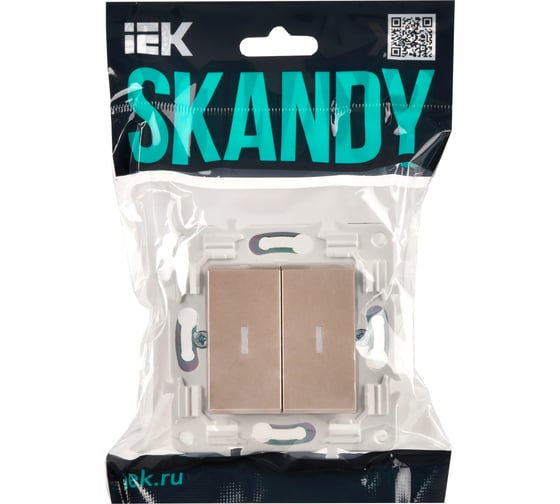 Выключатель 2-клавишный IEK SKANDY SK-V09Sa с индикацией, 10А, песочный SK-V20-1-10-K98