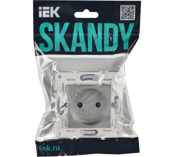 Розетка IEK SKANDY SK-R01S без заземляющего контакта, с защитными шторками, 10А, серебро SK-R13-10-K23