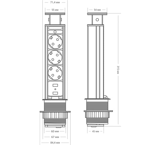 Выдвижная встраиваемая розетка Mebax 105S 3 секции Серебро+Черный d=60мм 2 USB 00-00001166
