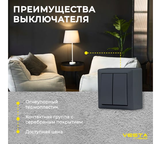 Выключатель Vesta Electric Mega Grafit двухклавишный FVK030201GRA