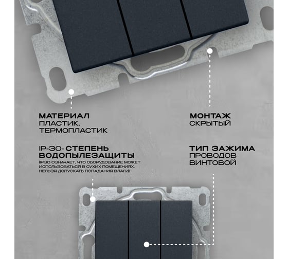 Выключатель Vesta Electric Roma GRAFIT трехклавишный без рамки FVK010126GRA