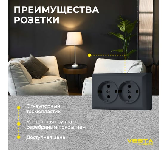 Розетка Vesta Electric Mega Grafit двойная с заземлением F00050203GRA