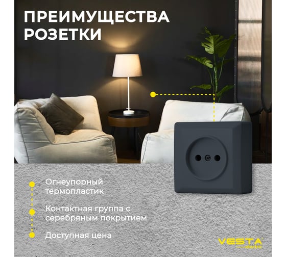 Розетка Vesta Electric Mega Grafit одинарная без заземления F00040103GRA