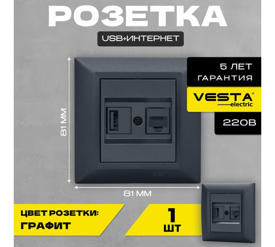 Розетка Vesta Electric Roma GRAFIT для USB + сетевого кабеля LAN FRZ00050204GRA
