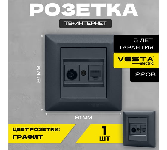 Розетка Vesta Electric Roma GRAFIT для сетевого кабеля LAN + TV FRZTV010102GRA