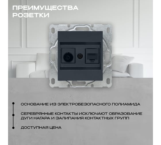 Розетка Vesta Electric Roma GRAFIT для сетевого кабеля LAN + TV без рамки FRZ00010134GRA