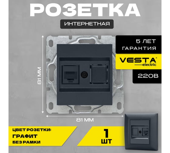Розетка Vesta Electric Roma GRAFIT для сетевого кабеля LAN без рамки FRZ00010124GRA