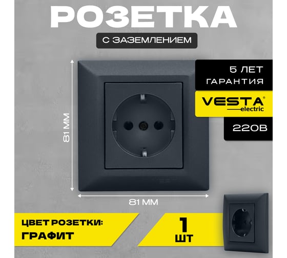 Розетка Vesta Electric Roma GRAFIT одинарная с заземлением FRZ00010101GRA
