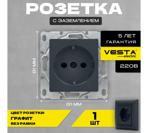 Розетка Vesta Electric Roma GRAFIT одинарная с заземлением без рамки FRZ00020106GRA