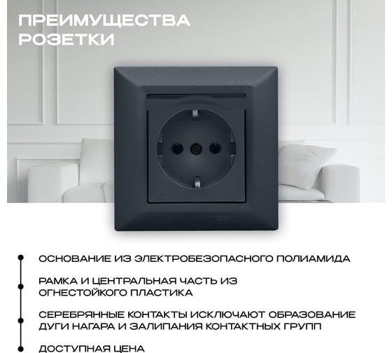 Розетка Vesta Electric Roma GRAFIT одинарная с заземлением с крышкой FRZ00010103GRA