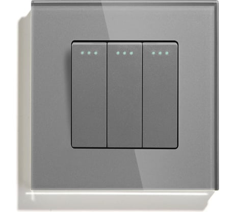 Выключатель Vell серый, трехклавишный, 1 пост, стеклянная рамка 1369739