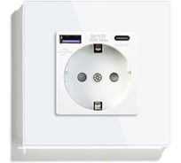 Розетка Vell электрическая, белая, 1 пост, USB-A, USB-C, быстрая зарядка, стеклянная рамка 1369764