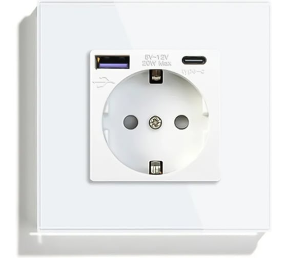Розетка Vell электрическая, белая, 1 пост, USB-A, USB-C, быстрая зарядка, стеклянная рамка 1369764 1
