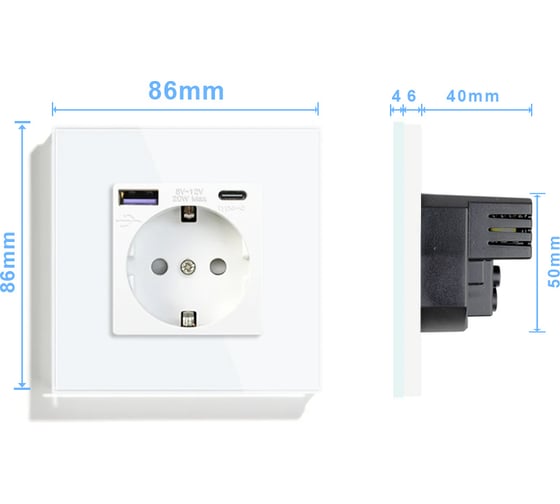 Розетка Vell электрическая, белая, 1 пост, USB-A, USB-C, быстрая зарядка, стеклянная рамка 1369764